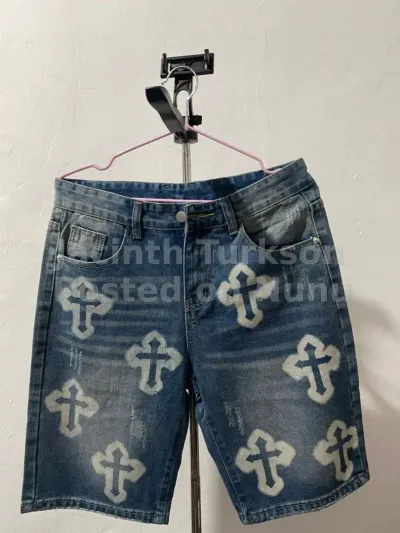 All Men’s Designer Denim Shorts – Cross Print Distressed Jean Shorts