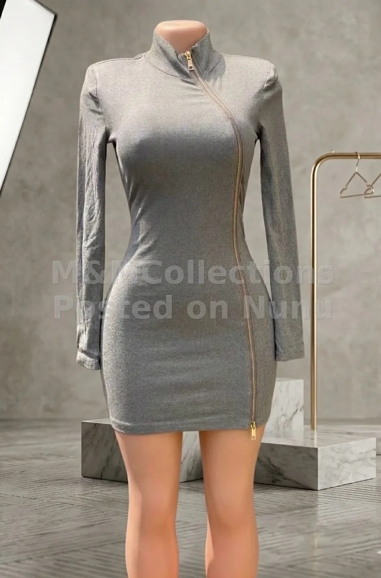 Women's Grey Bodycon Dress with Zipper