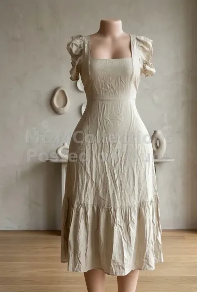Women's Beige Midi Dress with Ruffled Sleeves