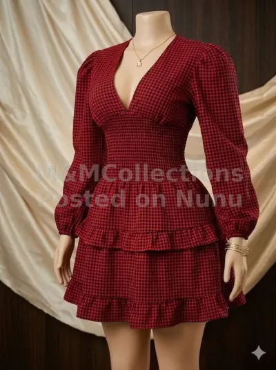 Red Checkered Long-Sleeve Dress