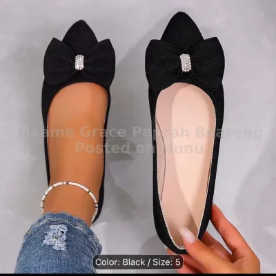 Women's Pointed-Toe Bow & Rhinestone Detail Ballet Flats (Black)