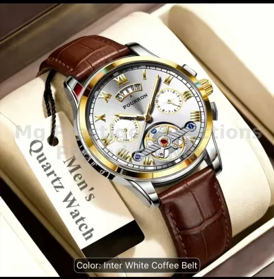 Brand New Fourron Luxury Men's Leather Quartz Watch (White Dial)