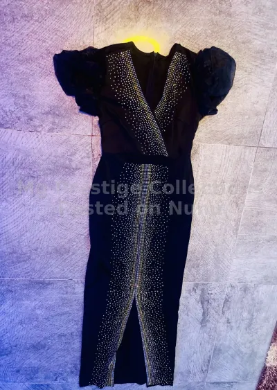 Women's Black Sequined Rhinestone Maxi Dinner Dress with Puff Sleeves