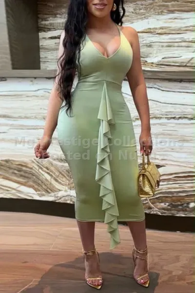 Women's Sage Green Halter V-Neck Bodycon Midi Dress with Front Ruffle