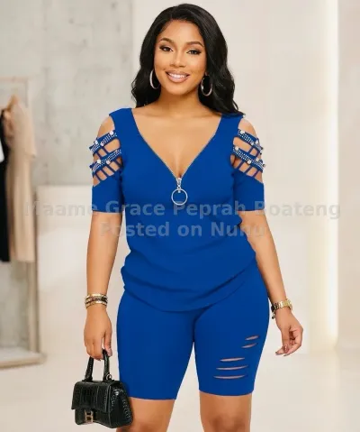 Women's Royal Blue Cold-Shoulder Zip-Front Top & Distressed Biker Shor