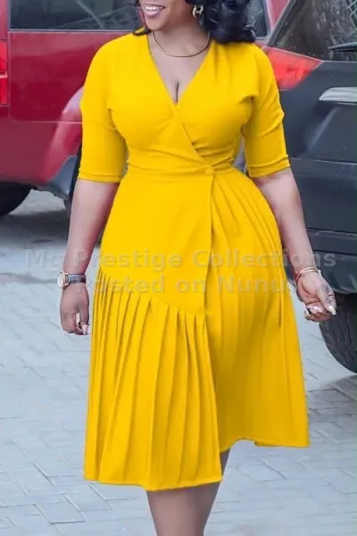 Women's Yellow V-Neck Wrap Midi Dress with Pleated Skirt