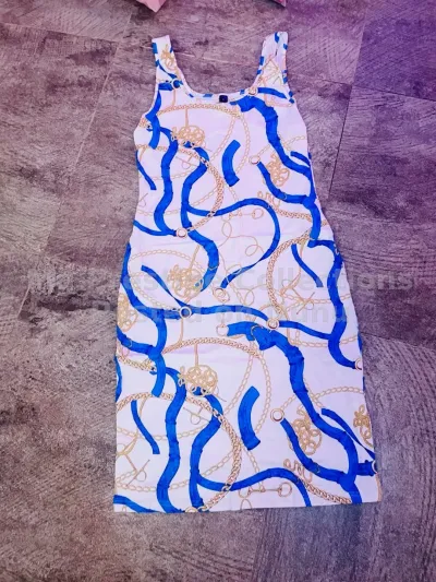 Women's Blue and White Chain Print Bodycon Midi Dress