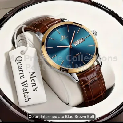 Fourron Men's Quartz Watch - Blue Dial with Brown Leather Strap