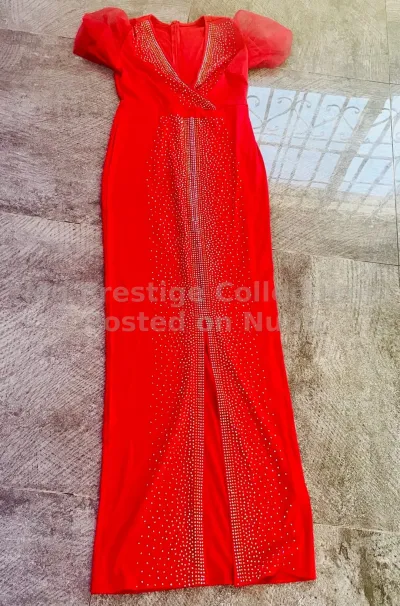 Women's Red Sequined Rhinestone Maxi Dinner Dress with Puff Sleeves
