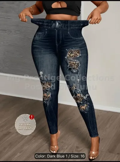 Women's High-Waist Ripped Jeggings with Leopard Print Patch Detail