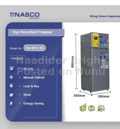 NASF2-90FL Double Door Table Top Fridge -  65 liters silver