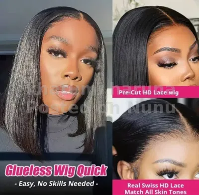 Glueless Pre-Cut HD Swiss Lace Bob Wig–Natural Human Hair Straight Wig