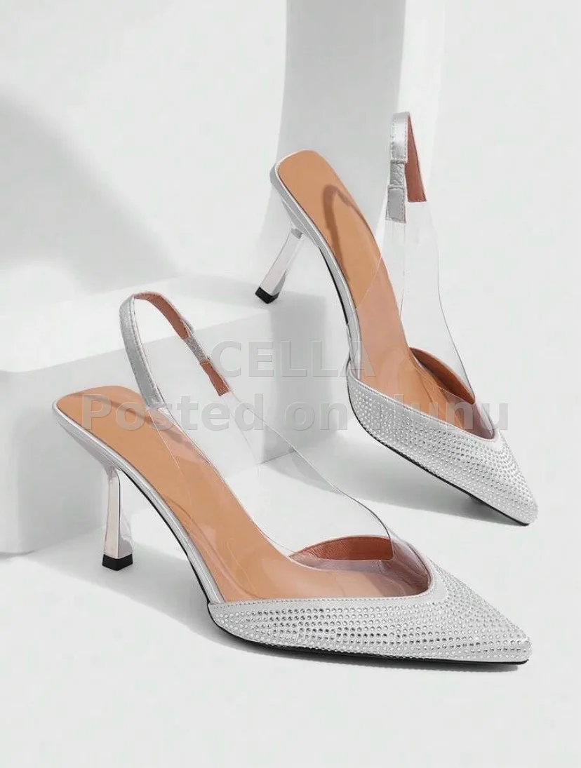 ladies silver heel with rhinestones