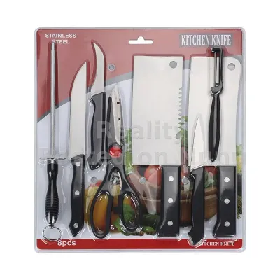 8Pcs Stainless Steel Kitchen Knife Set - 2 Cleavers, Knives, Scissors,