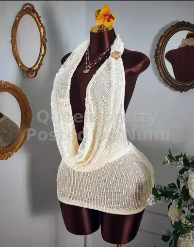 Off-White Knit Cowl-Neck Mesh Mini Dress